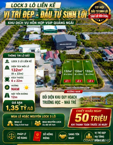Bán đất mặt tiền 12m khu VSIP Quảng Ngãi, xã Thọ Phong, 132m2 sổ đỏ 9