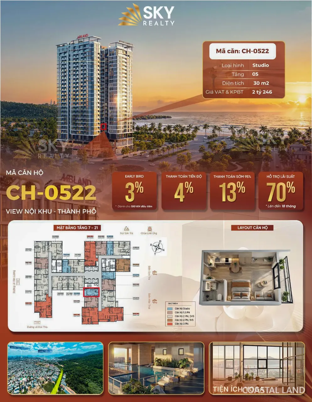 Studio The Camellia Sơn Trà 30m2 tầng 5, mã CH-0522 giá 2,246 tỷ đã gồm VAT & KPBT view nội khu