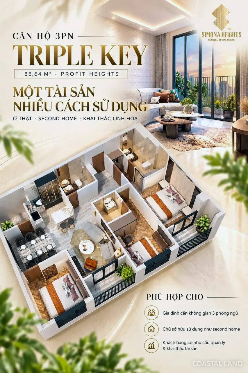 Bán căn hộ 3PN Triple Key 87,5m2 dự án Simona Heights, Quy Nhơn